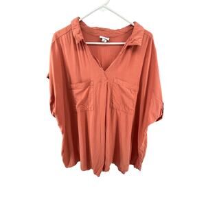 Ava & Viv Orange V-Neck Collared Popover Blouse Women's Size 3X